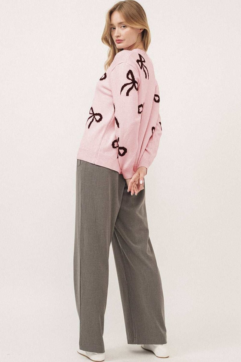 Light Pink Bow Print Cozy Knit Sweater - Love Salve